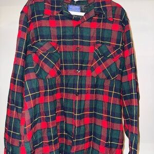 VTG 70s Pendleton Board Shirt Wool Plaid Flannel Red Green Men's Large Loop Flap